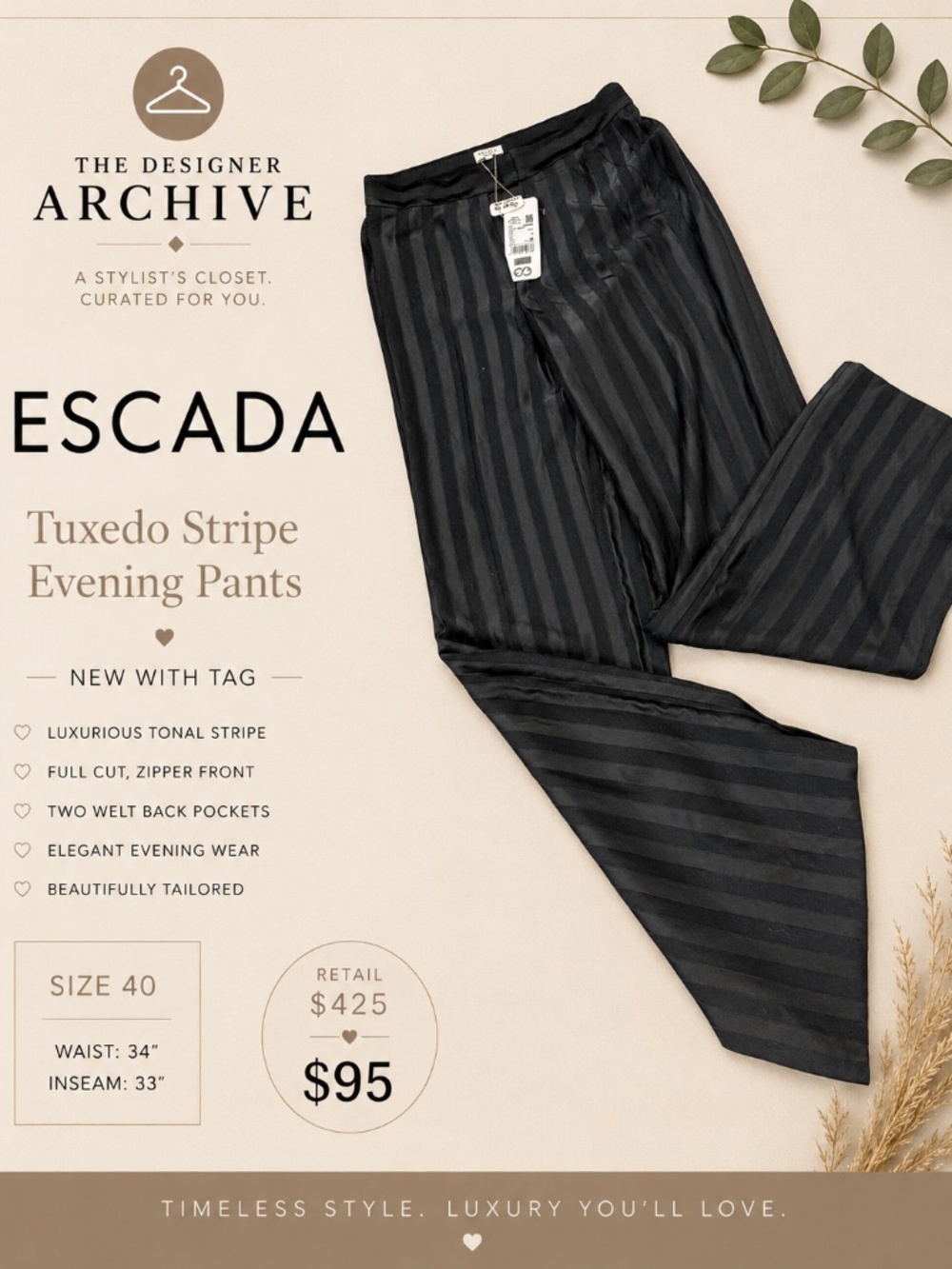 ESCADA NWT Black Tuxedo Stripe Wide Leg Evening Pants Size 40